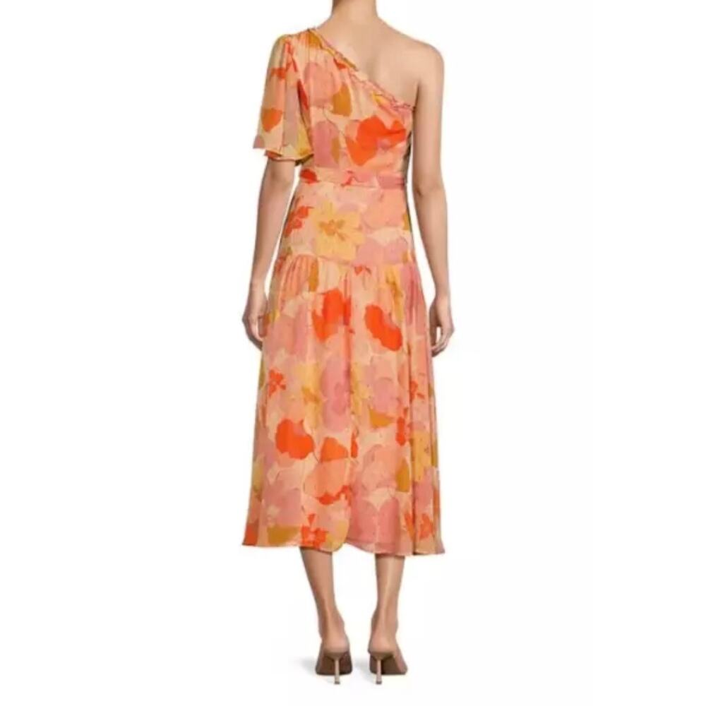 TAYLOR Floral Asymmetric One Shoulder Short Sleeve Ruffle Trim Long Sz 4 - Picture 4 of 5